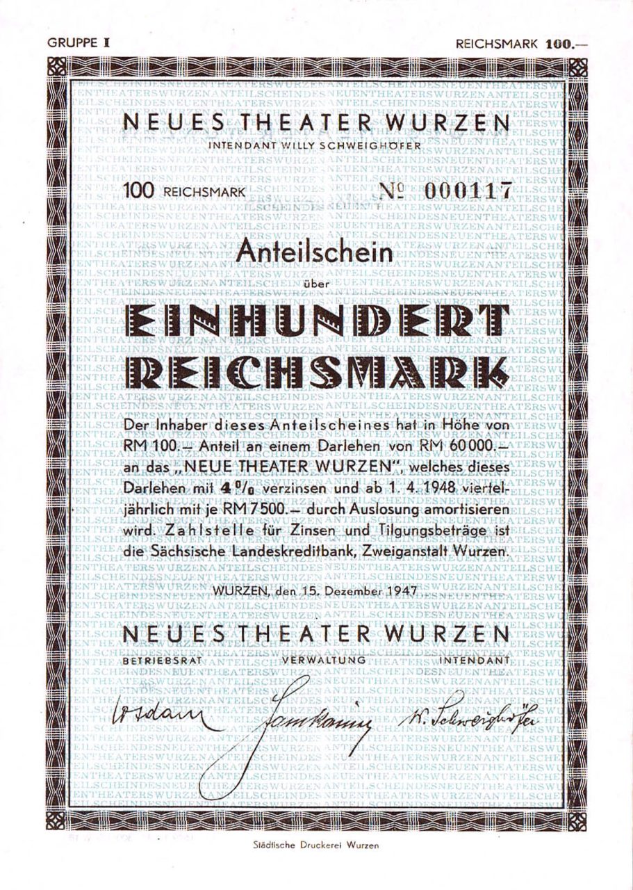 Anteilschein Neues Theater Wurzen 1947